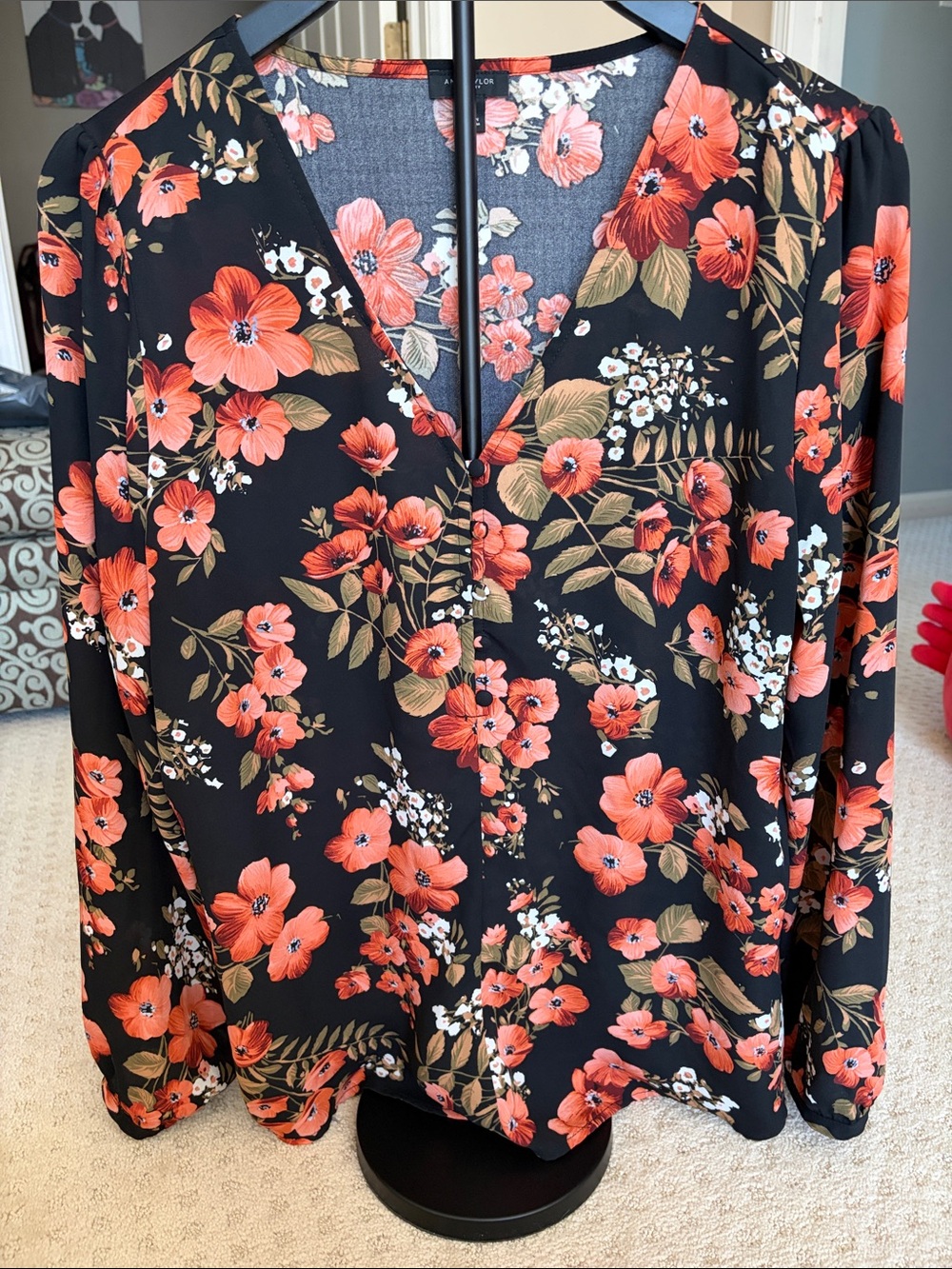 Ann Taylor Factory Black Blouse with Coral Floral Print